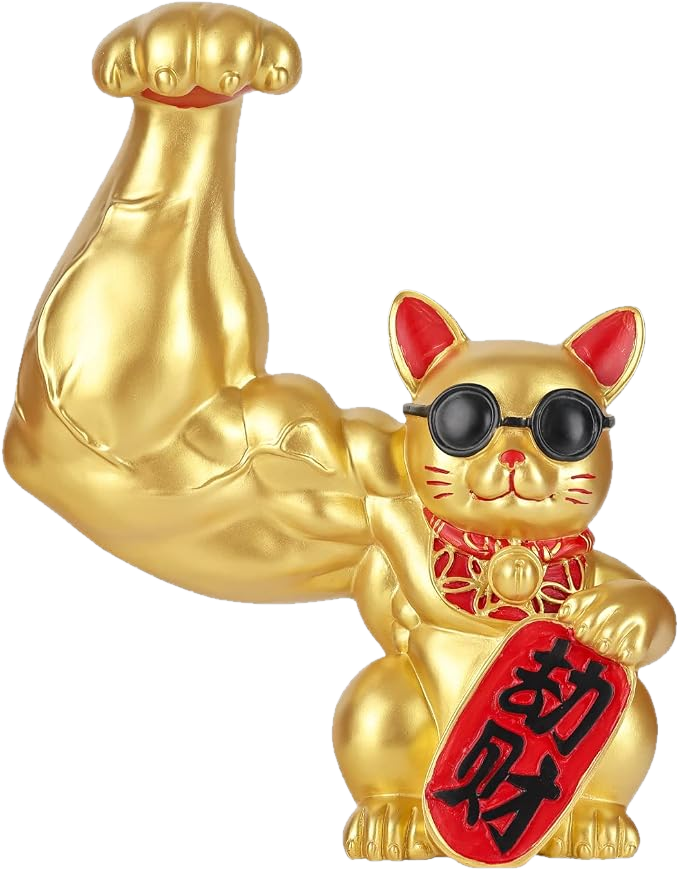 Premio: gato de la suerte dorado con brazo musculoso